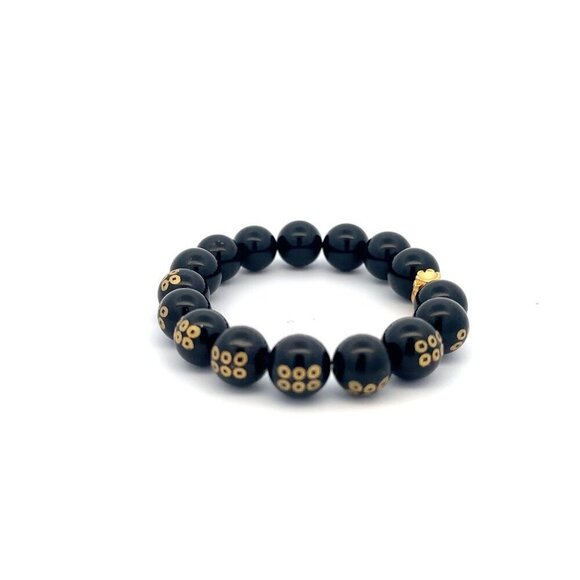 24K Yellow Gold Money Bag Lucky Bracelet Carved Black Agate Gemstones 10mm - Picture 3 of 5